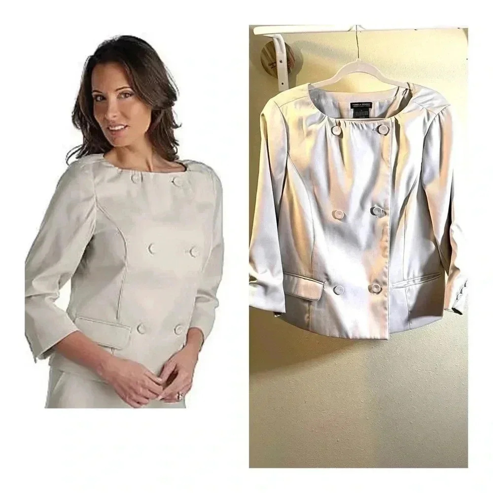 Pamela Dennis PCG Double Breasted Bateau Neck Blazer Champagne Taupe Size L